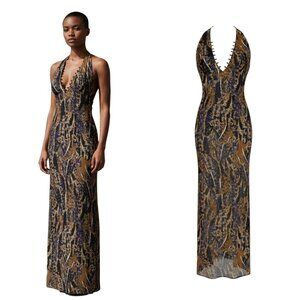 Miscreants Sheer Animal Print Halter Maxi Dress Open Back UK 8 US 4